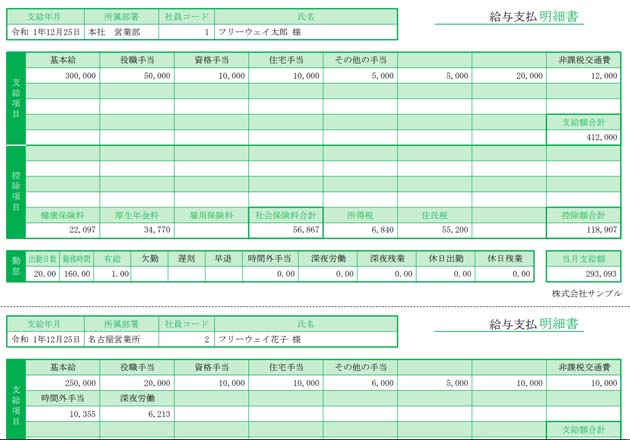 賞与明細書（1ページに3人分）